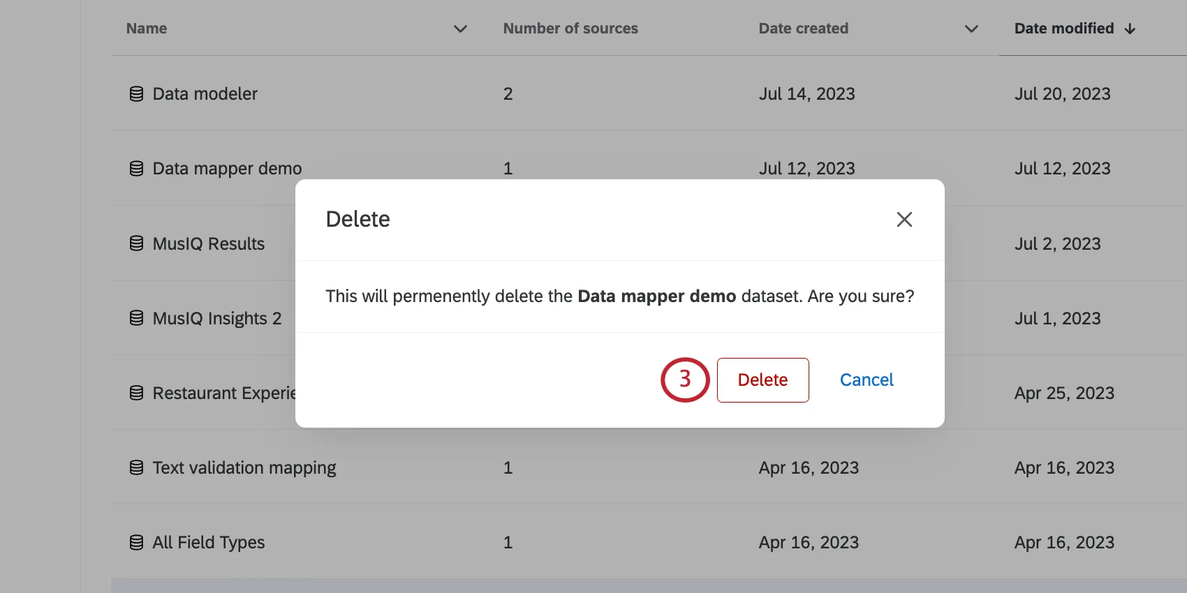new window where you confirm deletion