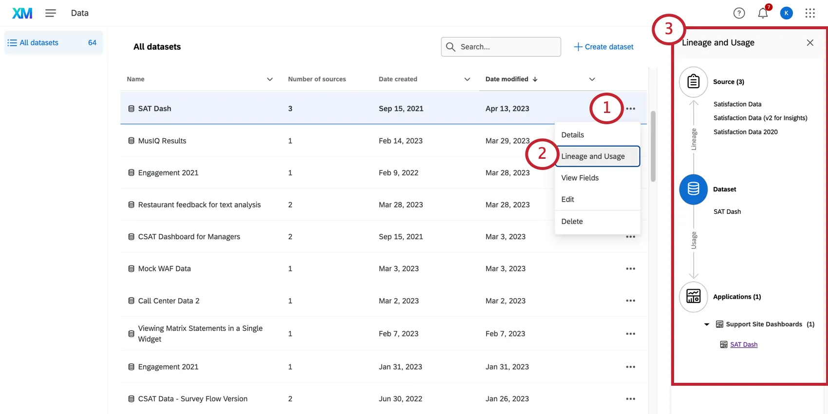 Klicken Sie auf 3 Punkte in einem Datenset, wählen Sie Herkunft, und sehen Sie das Menü, das auf der rechten Seite geöffnet wird.
