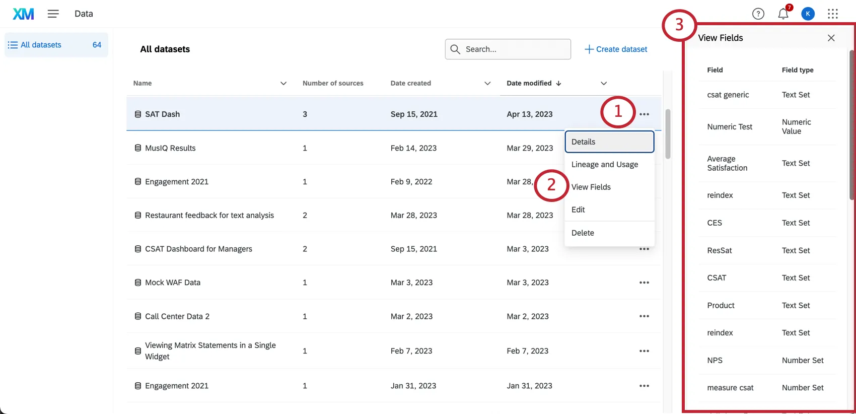 clicking 3 dots on a dataset, selecting view fields, then seeing the menu that opens to the right