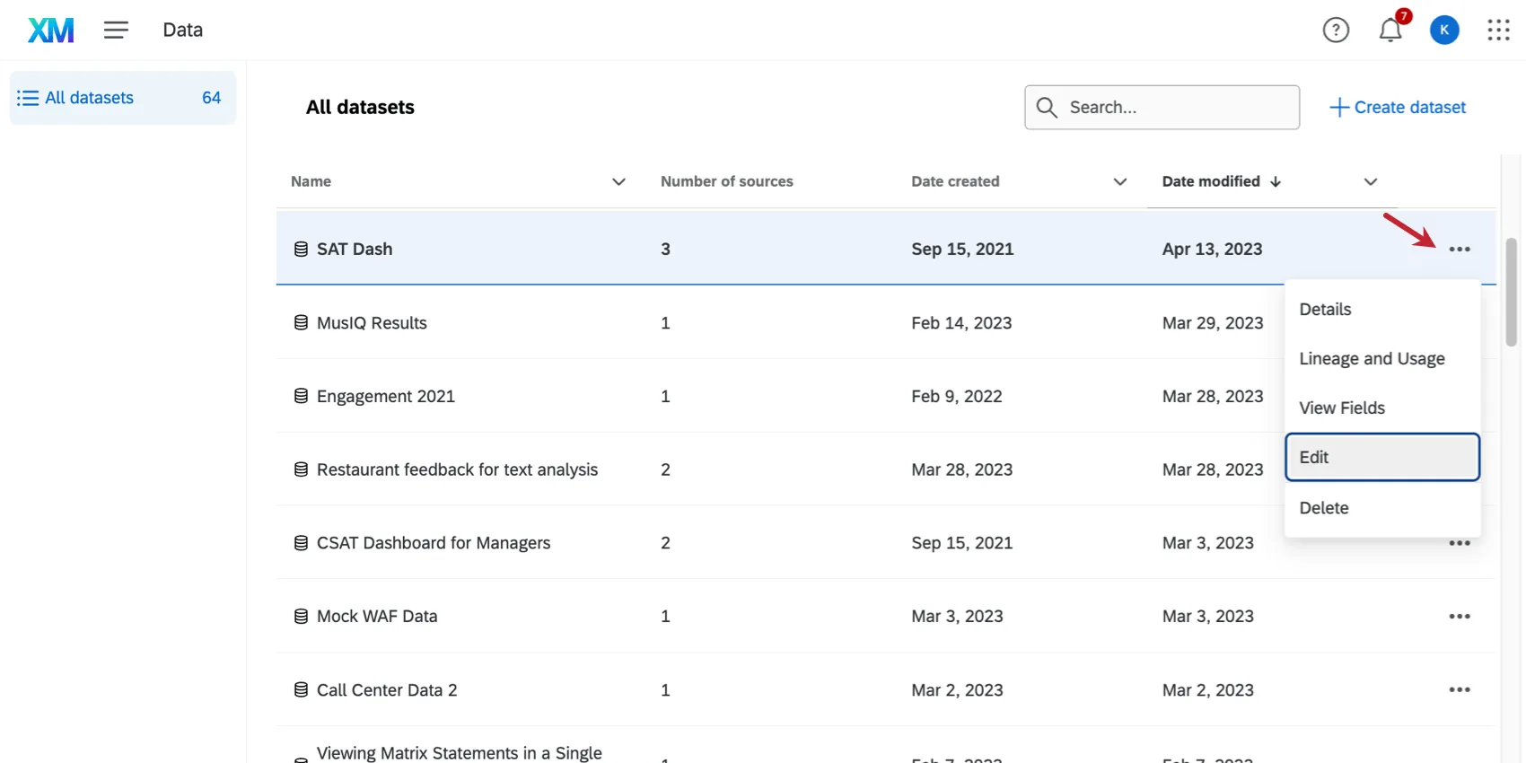 clicking 3 dots on a dataset, selecting edit