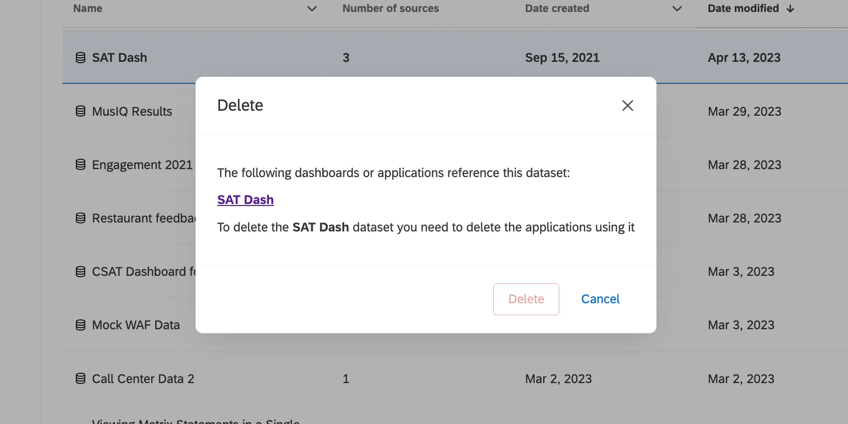 Fenster, das Sie warnt, dass ein Dashboard das Datenset verwendet, das Sie löschen möchten