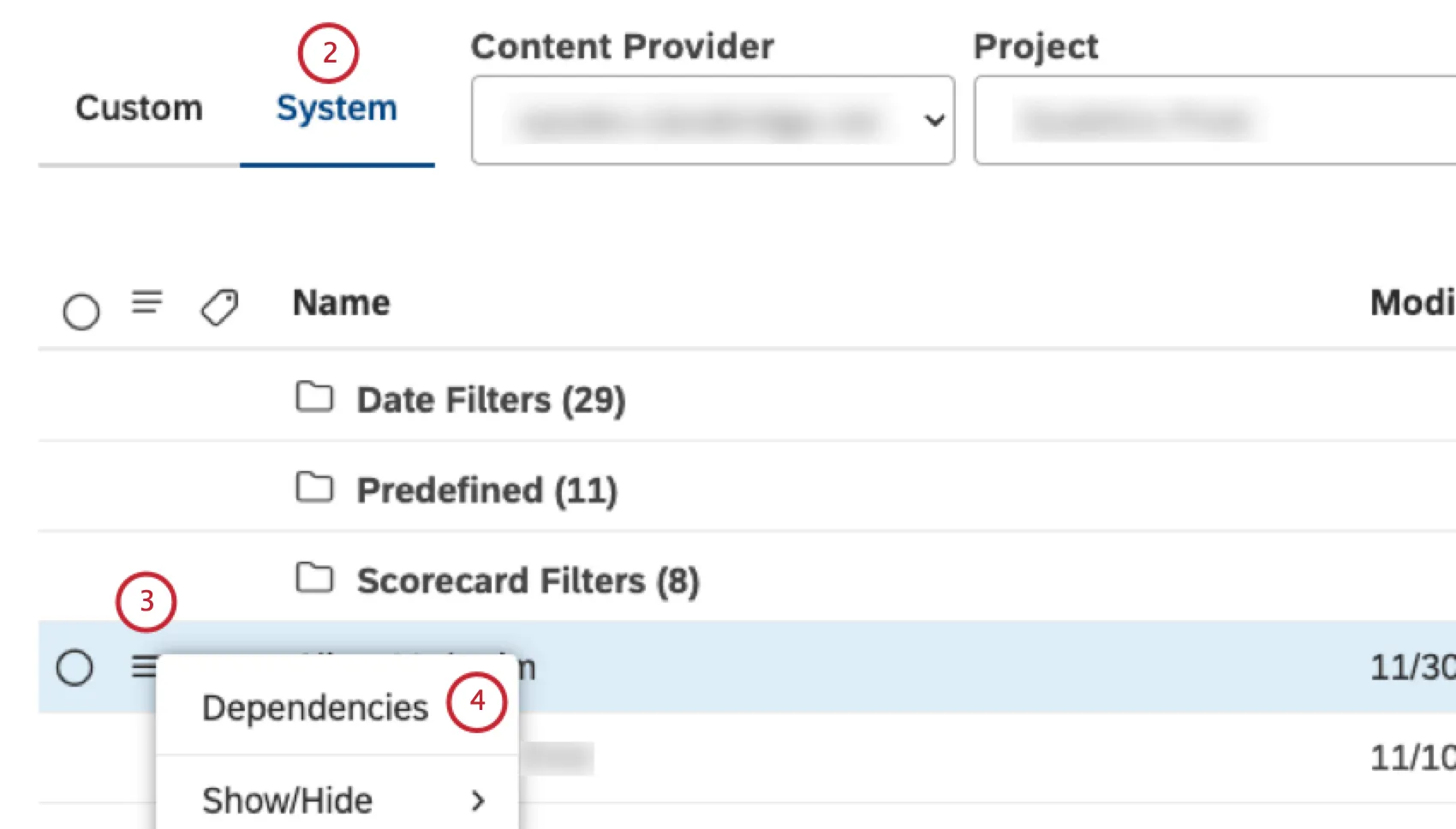 Selecione a guia Sistema. Expanda o menu de ações avançar do filtro. Selecione Dependencies (Dependências).