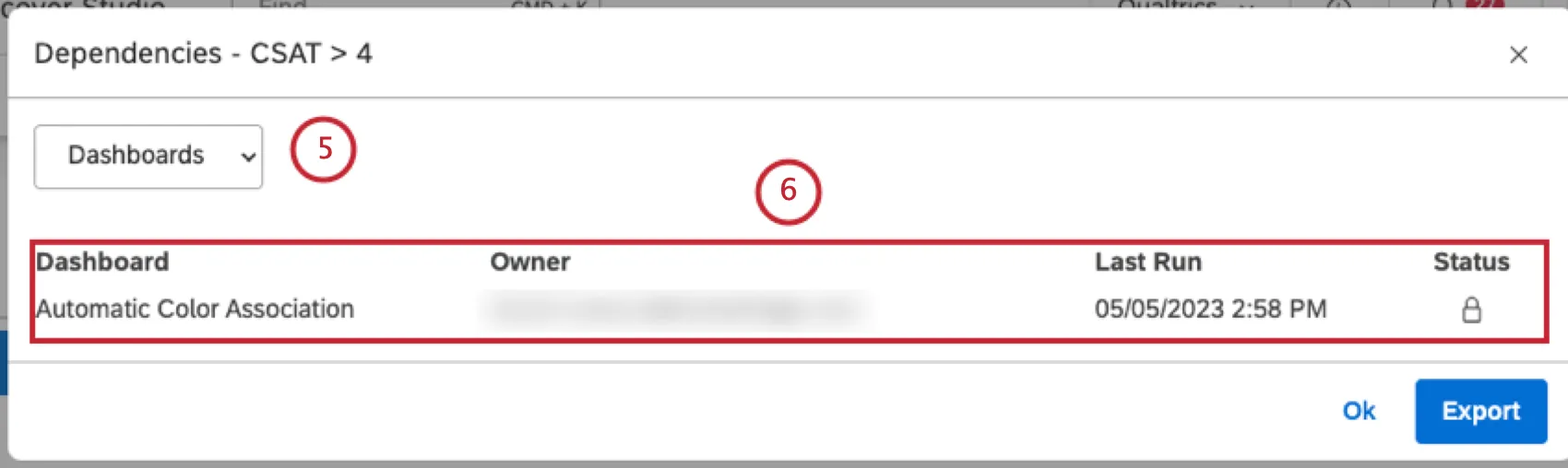 Wählen Sie im Fenster Abhängigkeiten im Menü die Option Dashboards, um zu sehen, welche Dashboards den Filter verwenden.