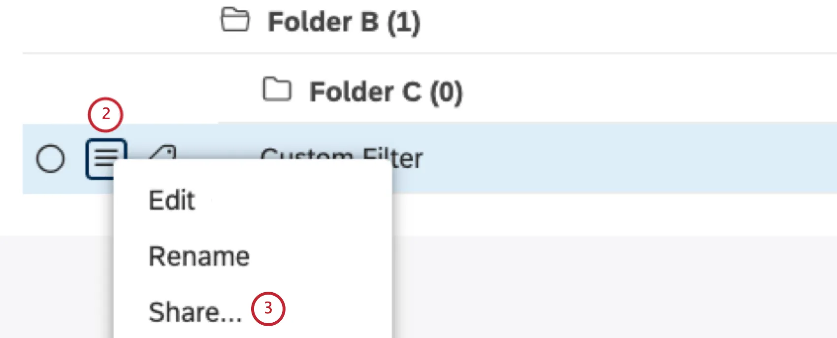 Développez le menu dactions suivant le filtre que vous souhaitez partager.