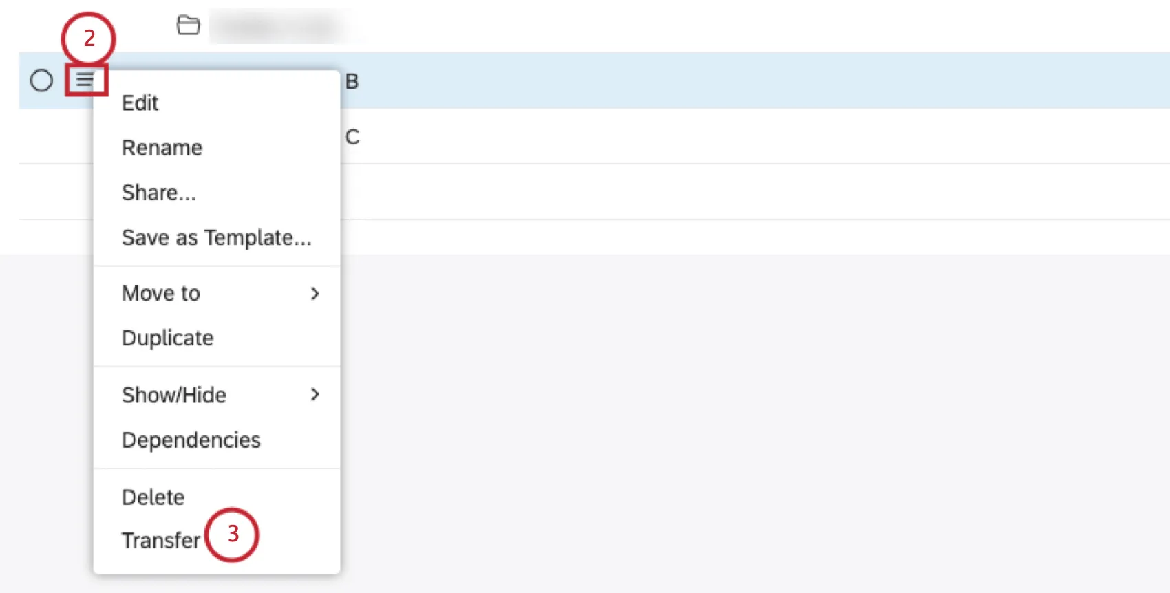 To transfer 1 filter, expand the actions menu next to the filter you wish to transfer. Select Transfer.