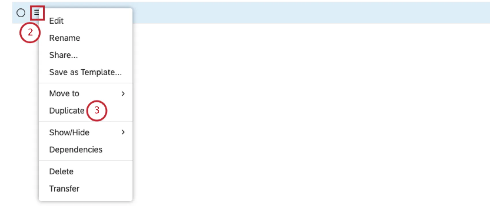 Klappen Sie das Aktionsmenü weiter dem Filter auf, den Sie duplizieren möchten. Auswählen Duplizieren.