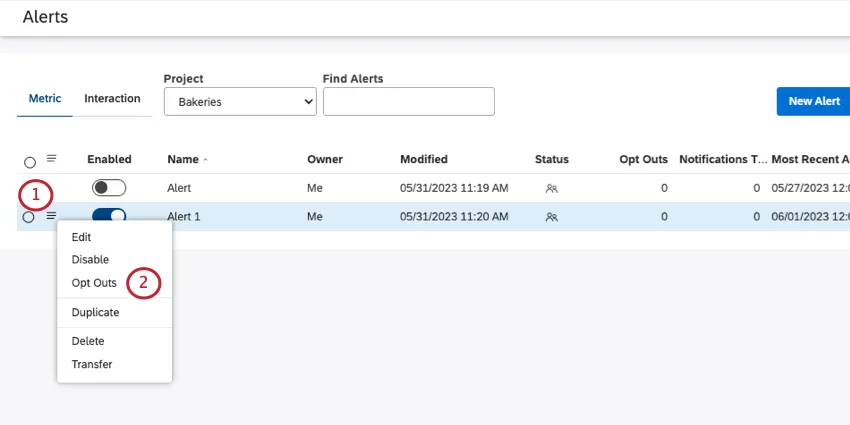opt out button in the metric alert menu