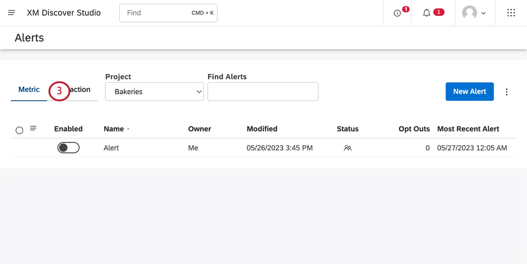 metric tab of alerts page