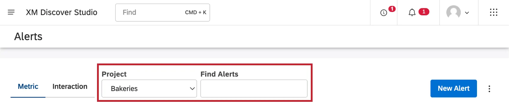 projets et champs de recherche dalertes en haut de la page des alertes. le projet est un menu déroulant. la recherche dalertes est une barre de recherche