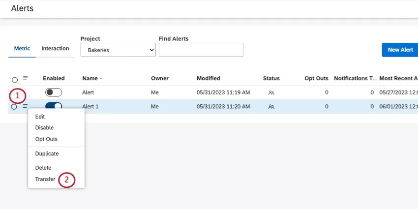 opening menu next to a metric alert