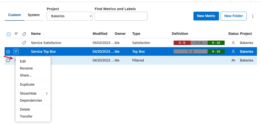 dropdown menu next to a metric expanded