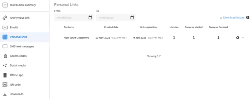 the distribution table for personal links