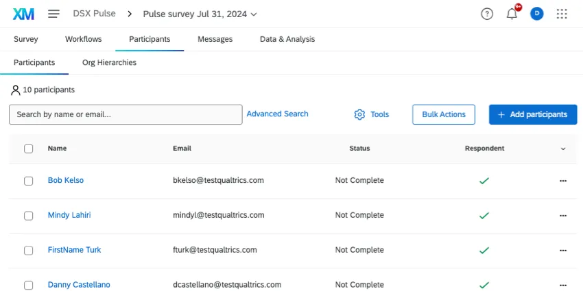 participants tab of a pulse survey