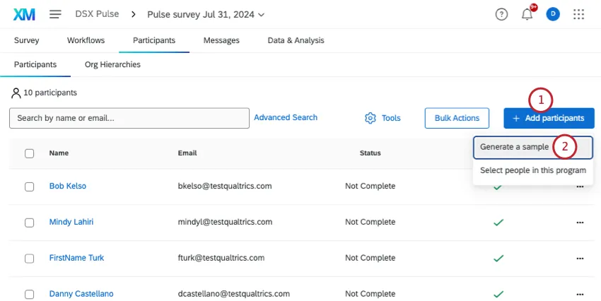 button add participants clicked, revealing a menu with generate a sample as an option