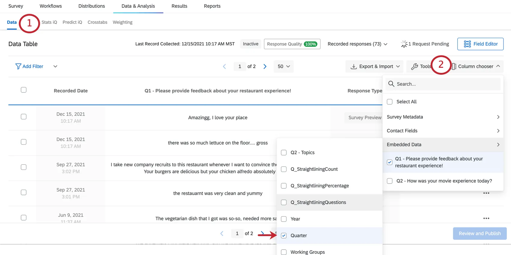 データタブに表示する列を選択するスクリーンショット