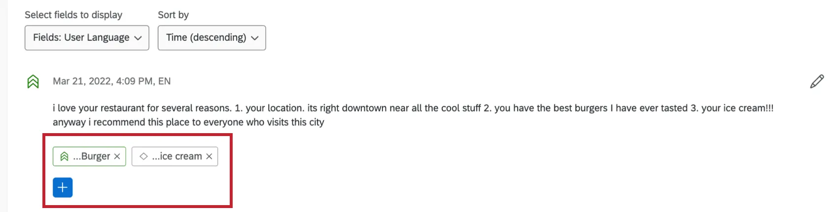 uma imagem de uma resposta, com tópicos na parte inferior. esses tópicos são destacados para chamar a atenção para o sinal de mais azul e o X avançar de cada tópico