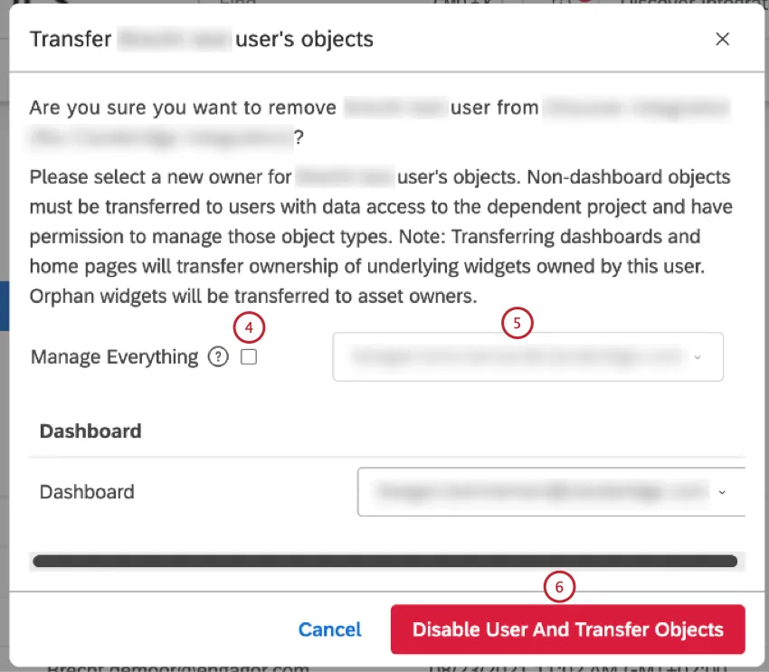 Disable user and transfer objects