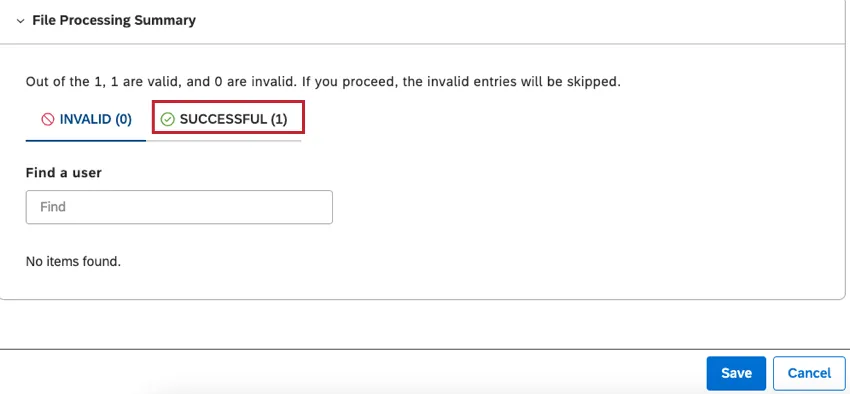 Wenn alle Einträge korrekt validiert sind, werden alle Einträge auf der Registerkarte ERFOLGREICH angezeigt.