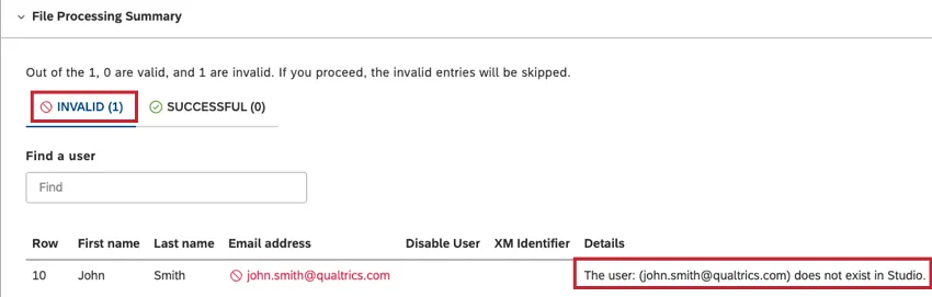 O número de entradas inválidas será exibido na guia INVALID (Inválido) na seção File Processing Summary (Resumo do processamento de arquivos)
