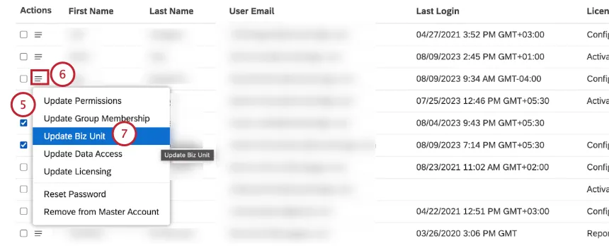 Select the checkbox next to each of the user accounts. Click the actions menus next to 1 of the selected user accounts.Select Update [custom property].