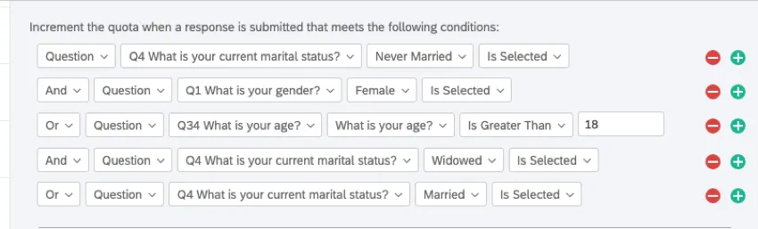 La lógica dice: Si el estado civil es nunca casado, y el género es femenino, o la edad es mayor de 18 años, y el estado civil es viudo, o el estado civil es casado.