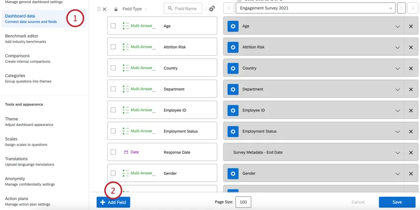 facendo clic su aggiungi campo nei dati del dashboard