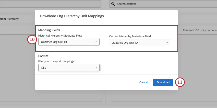 scegliendo lID dellunità organizzativa di Qualtrics per entrambi i campi e facendo clic su Download
