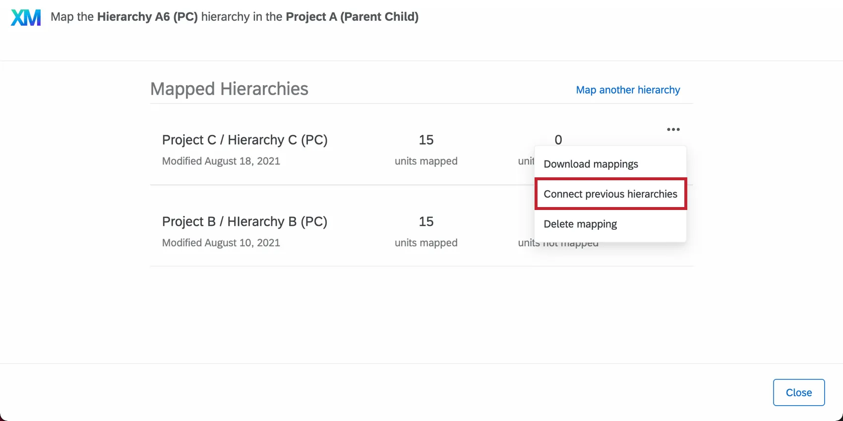 clicking the three dots and then "connect previous hierarchies"