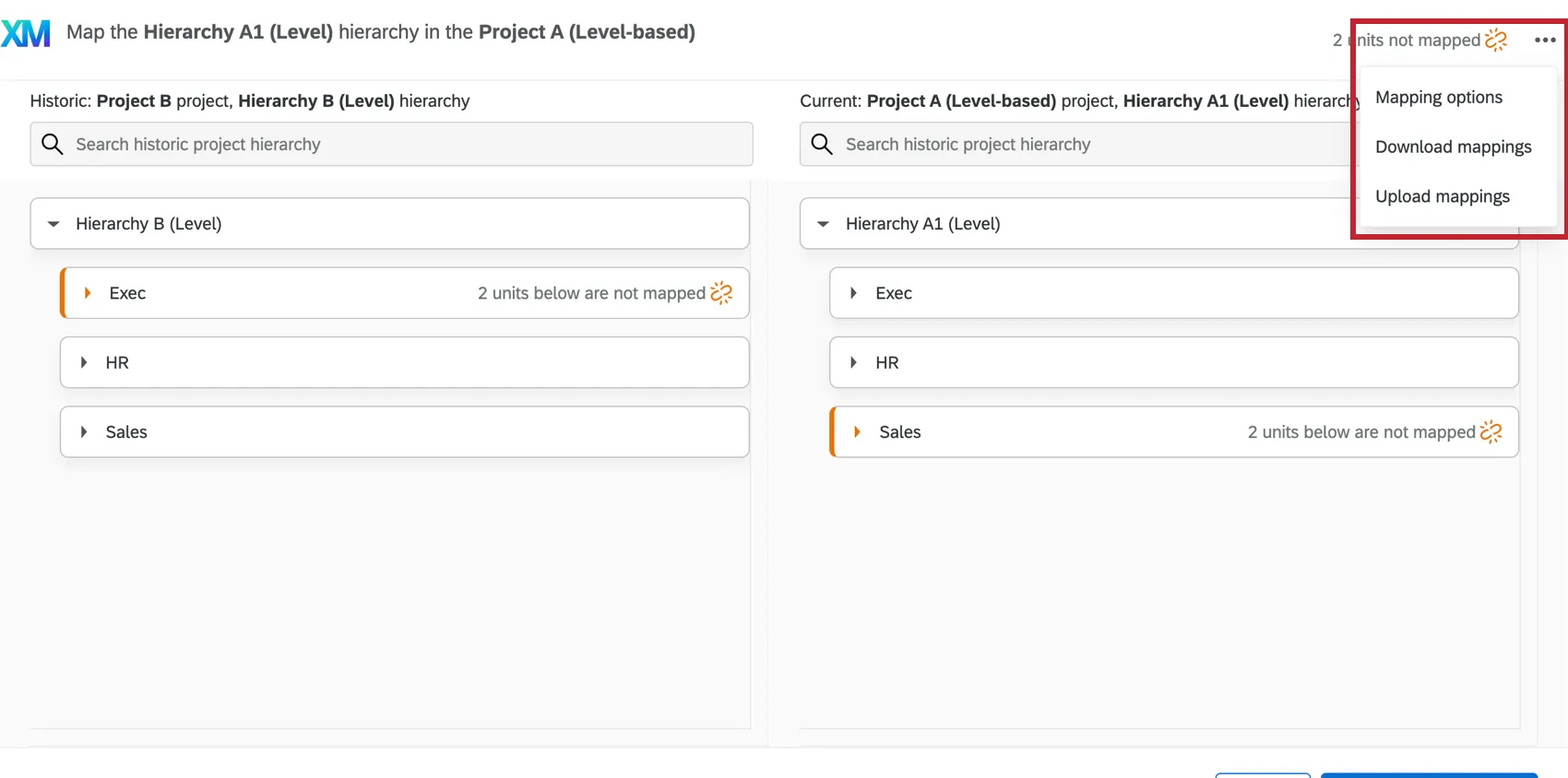 The Options menu in the Hierarchy Mapper opened to reveal Mapping Options, Upload Options, and Download Mapping