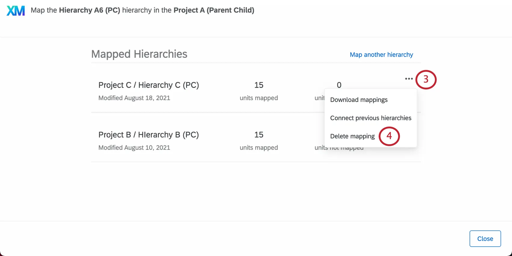 clicking the three dots next to the mapping and then Delete mapping