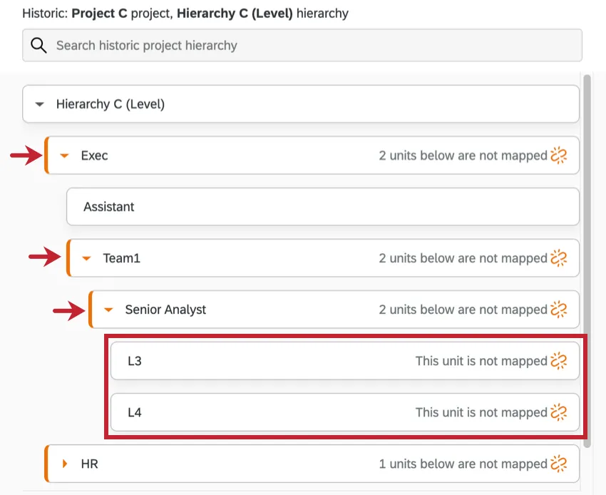 Icon looks like a broken link in orange; image shows how top units will warn that there are unlinked units beneath