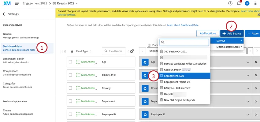 clicking add source and choosing a survey