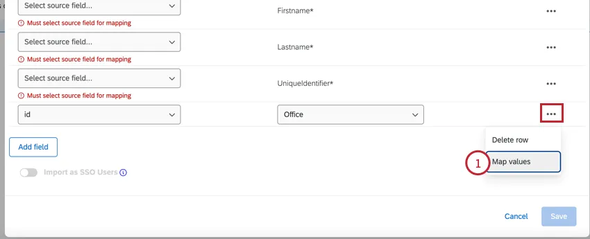 clicar em opções e, em seguida, mapear valores