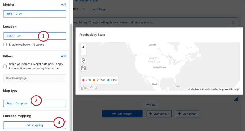 configuração básica do widget de mapa e, em seguida, o botão editar mapeamento destacado