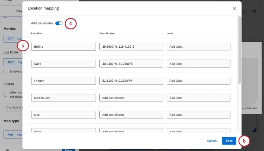 nova janela onde você configura as coordenadas