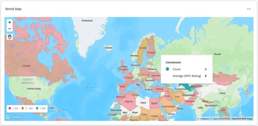 un widget per dashboard che mostra una mappa del mondo. le diverse regioni hanno colori diversi che corrispondono a una legenda in basso