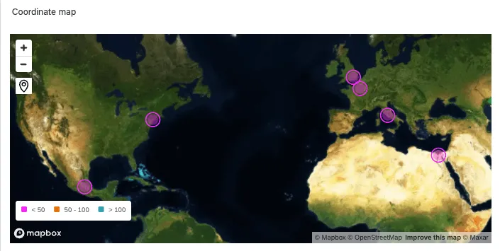 image of a satellite style map with bright magenta data points