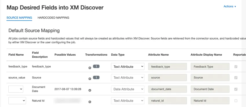 Al crear un trabajo: puede realizar la configuración inicial de mapeo de datos en la página Asignar campos deseados a XM Discover .