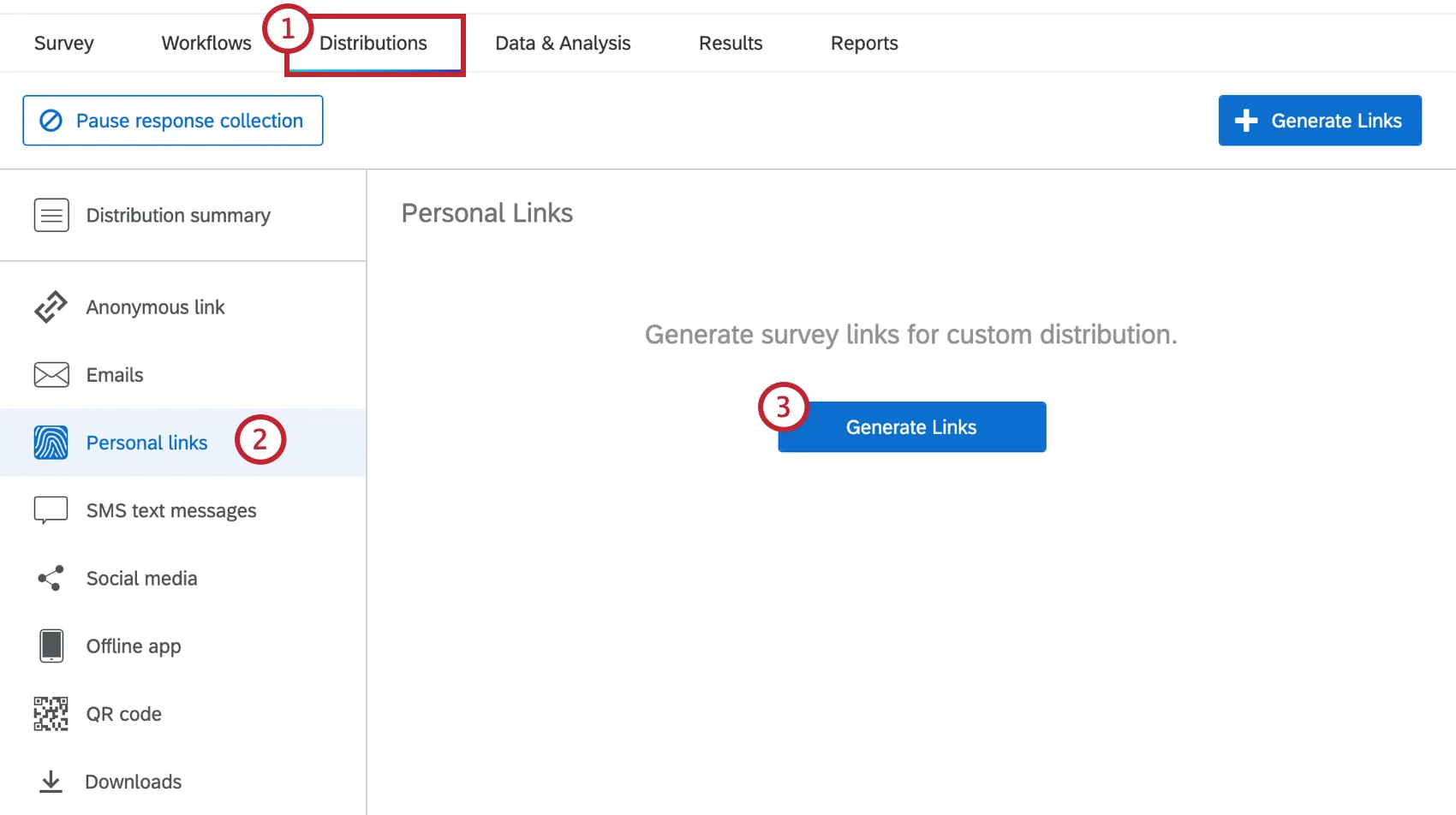 generating personal links from within the distributions tab of a survey