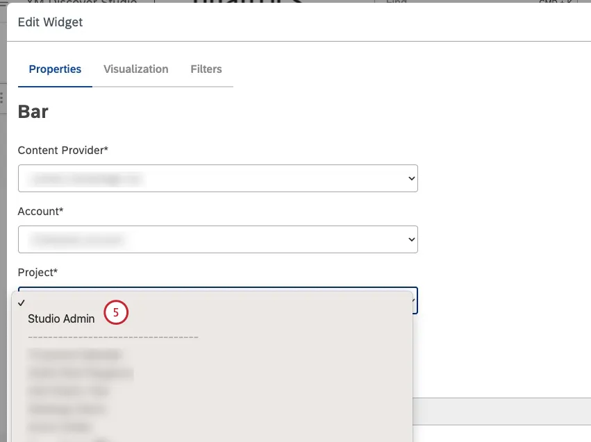 menu suspenso do projeto no menu do widget edição
