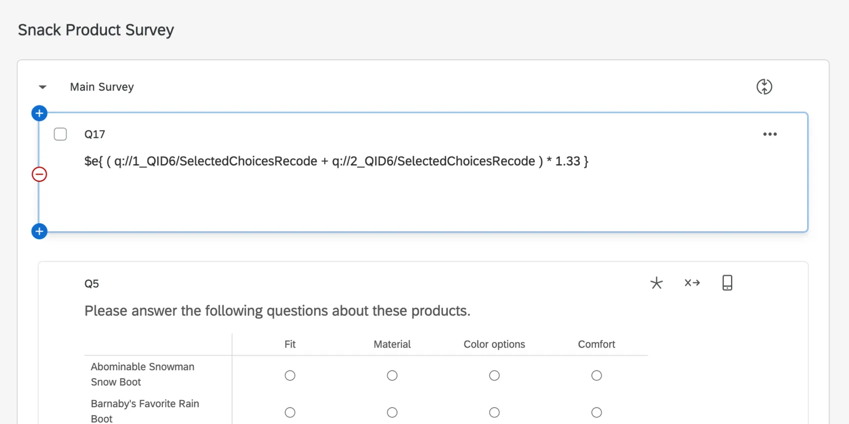 Displaying math operations in the survey editor