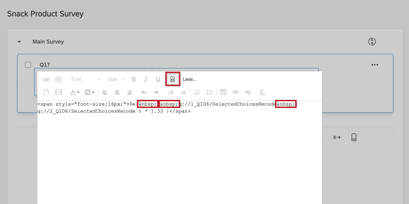 Vista de origen en el editor de contenido enriquecido que muestra los extra en el código
