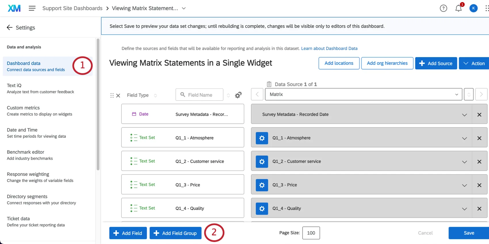 lower-left of dashboard data tab is the add field group button