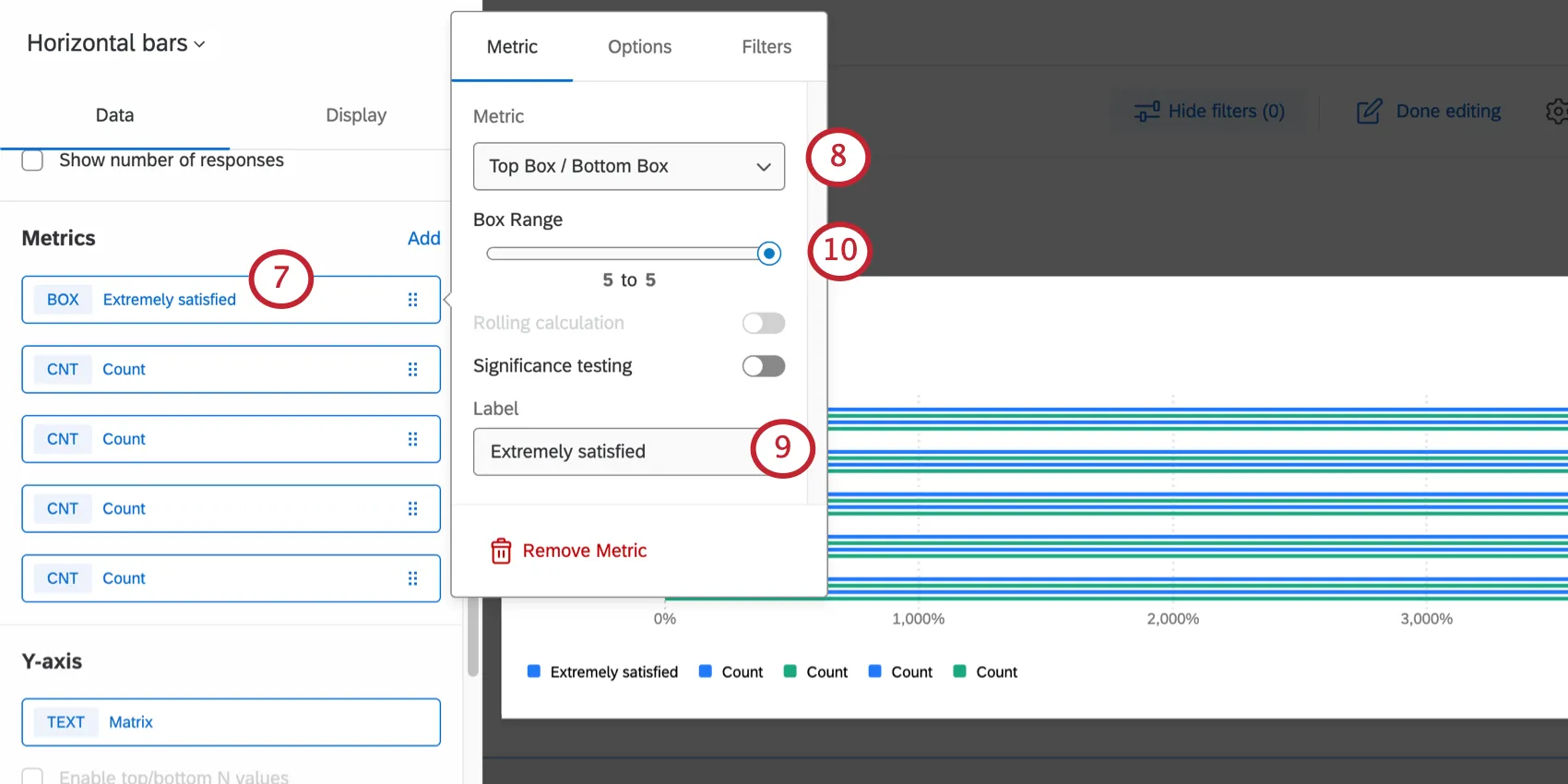Count is clicked, opening option to change the metric to top bottom box
