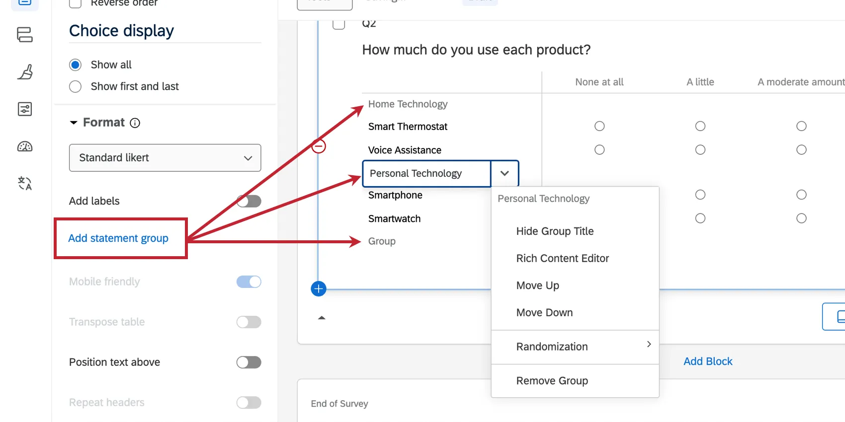 3 statement groups added to a likert matrix table