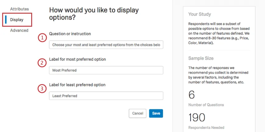 Opzioni numerate in ordine di descrizione. A sinistra, è selezionato Display