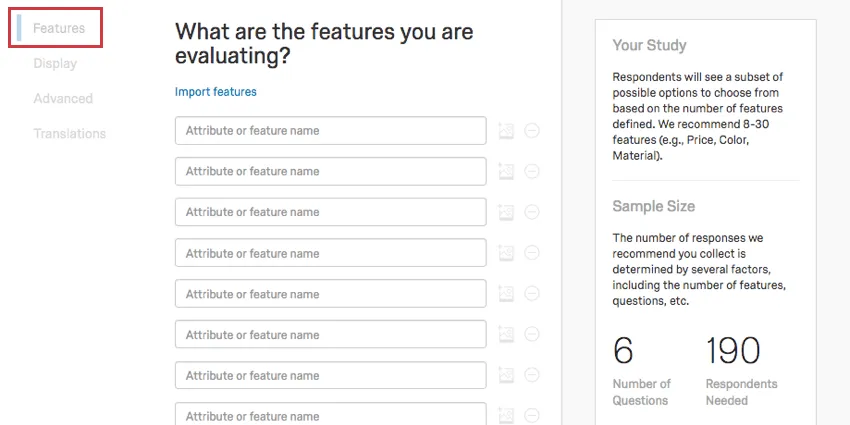 Features selected to the left