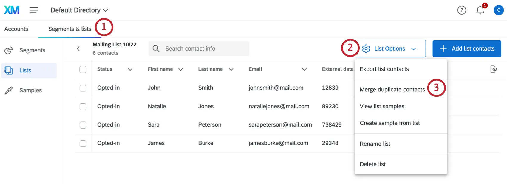 Screenshot of the list options expanded inside a mailing list so you can see merge duplicate contacts