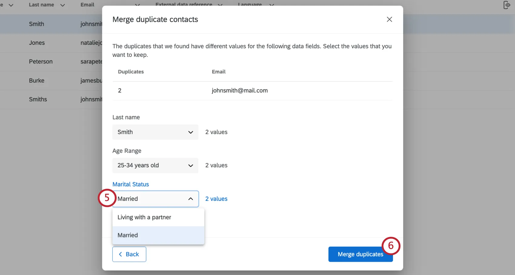 Screenshot of a contact being edited, fields adjusted to select what values will carry over