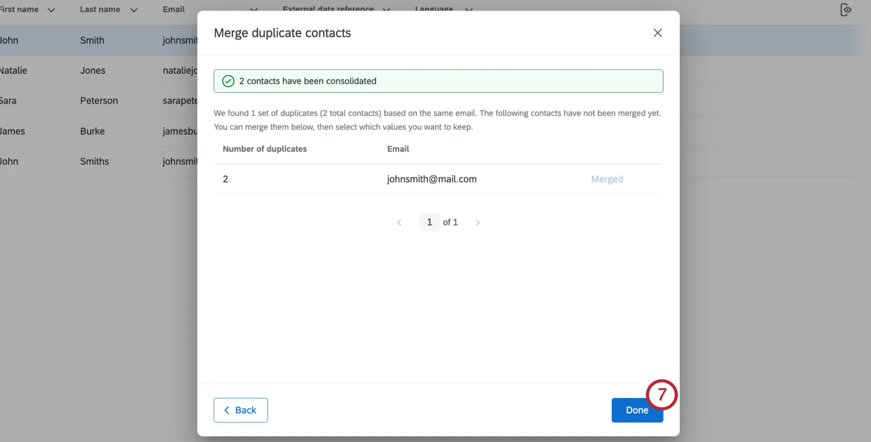 Capture décran du dupliqué consolidé